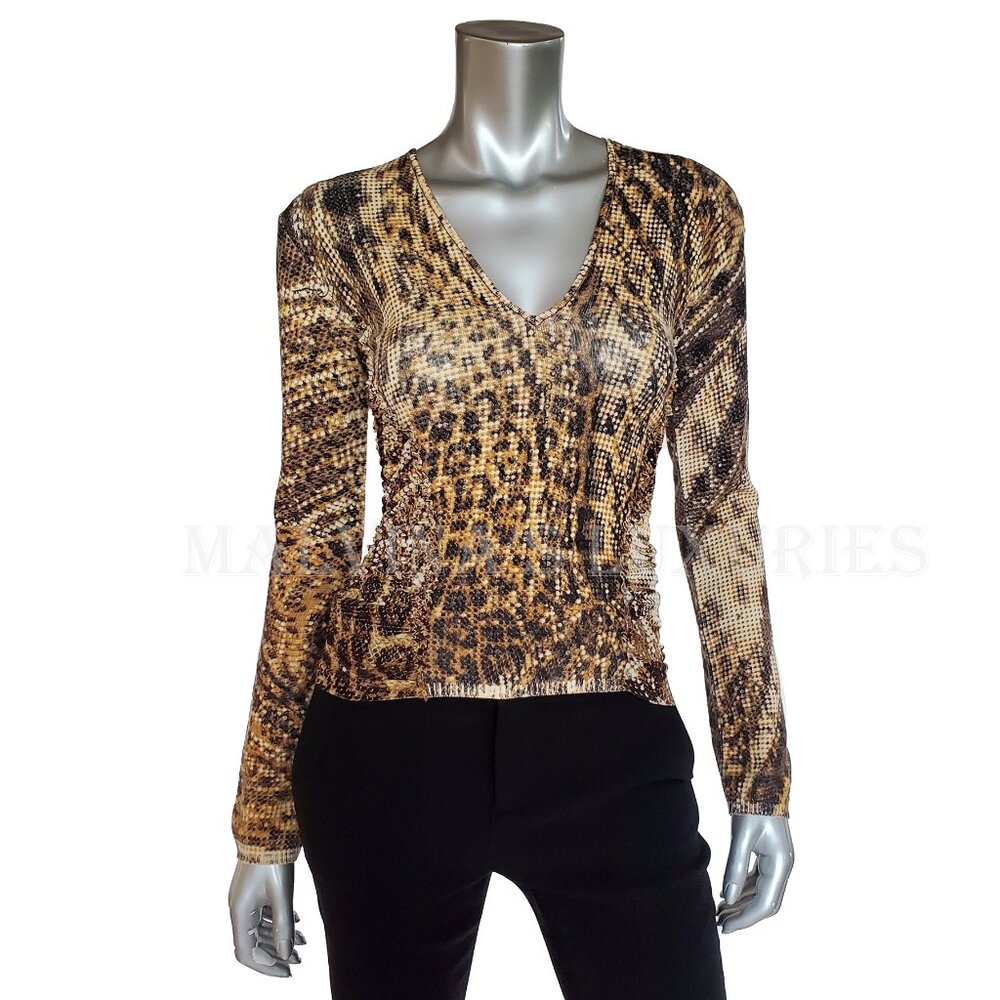 ROBERTO CAVALLI SWEATER SILK CASHMERE WOOL ANIMAL PRINT RUCHING LOGO sz S SMALL